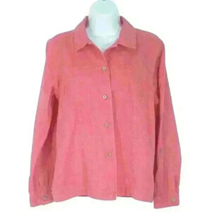 Coldwater Creek top Large button front roll tab sleeves pink on pink geometric